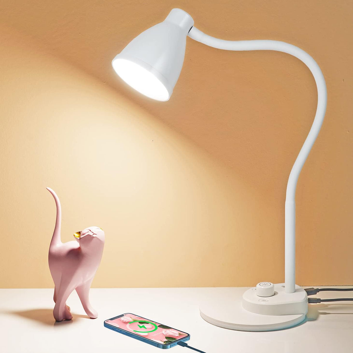 Auto-Dimming LED Desk Lamp – USB Charging, Flexible Neck for Office & Bedside