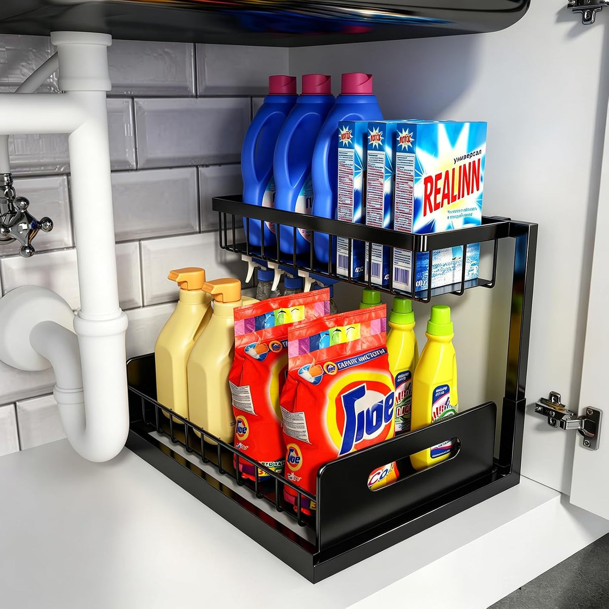 L-Shaped Under Sink Organizer, 2-Tier Pull Out Shelf