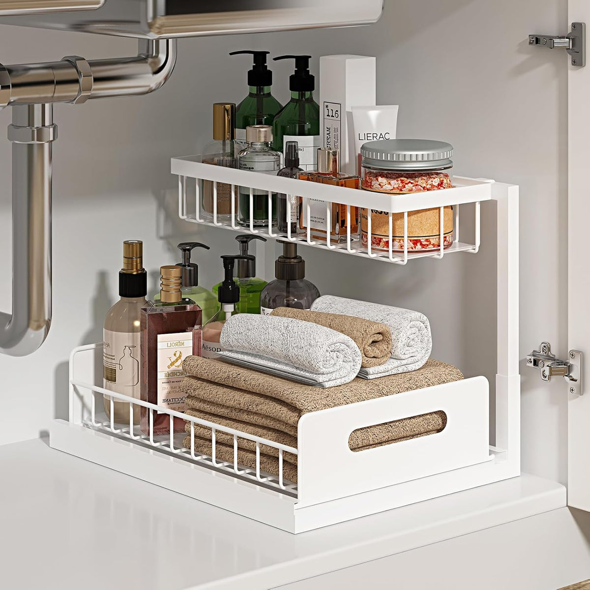 L-Shaped Under Sink Organizer, 2-Tier Pull Out Shelf