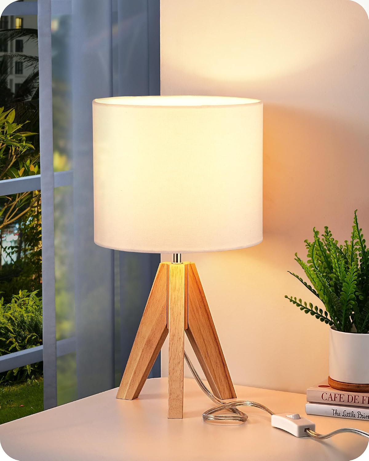 Tripod Table Lamp, Wood Base & Linen Shade, 14.2 Inch