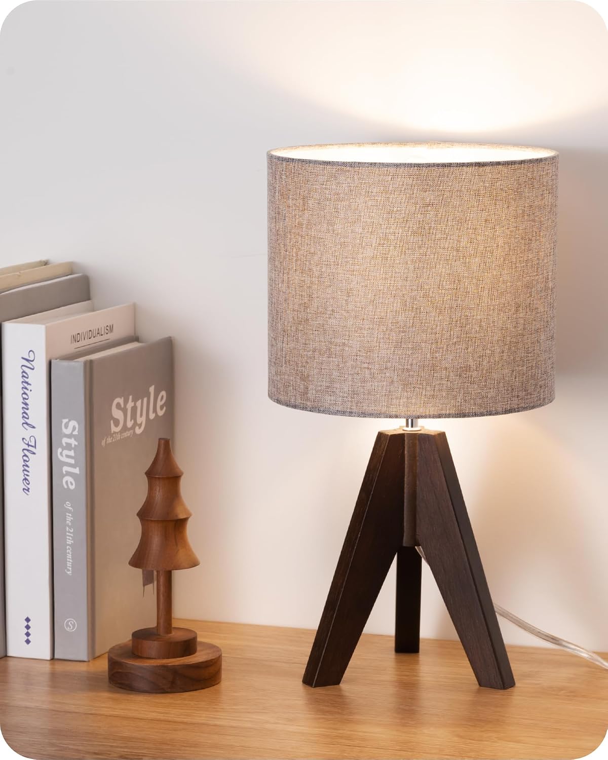 Tripod Table Lamp, Wood Base & Linen Shade, 14.2 Inch