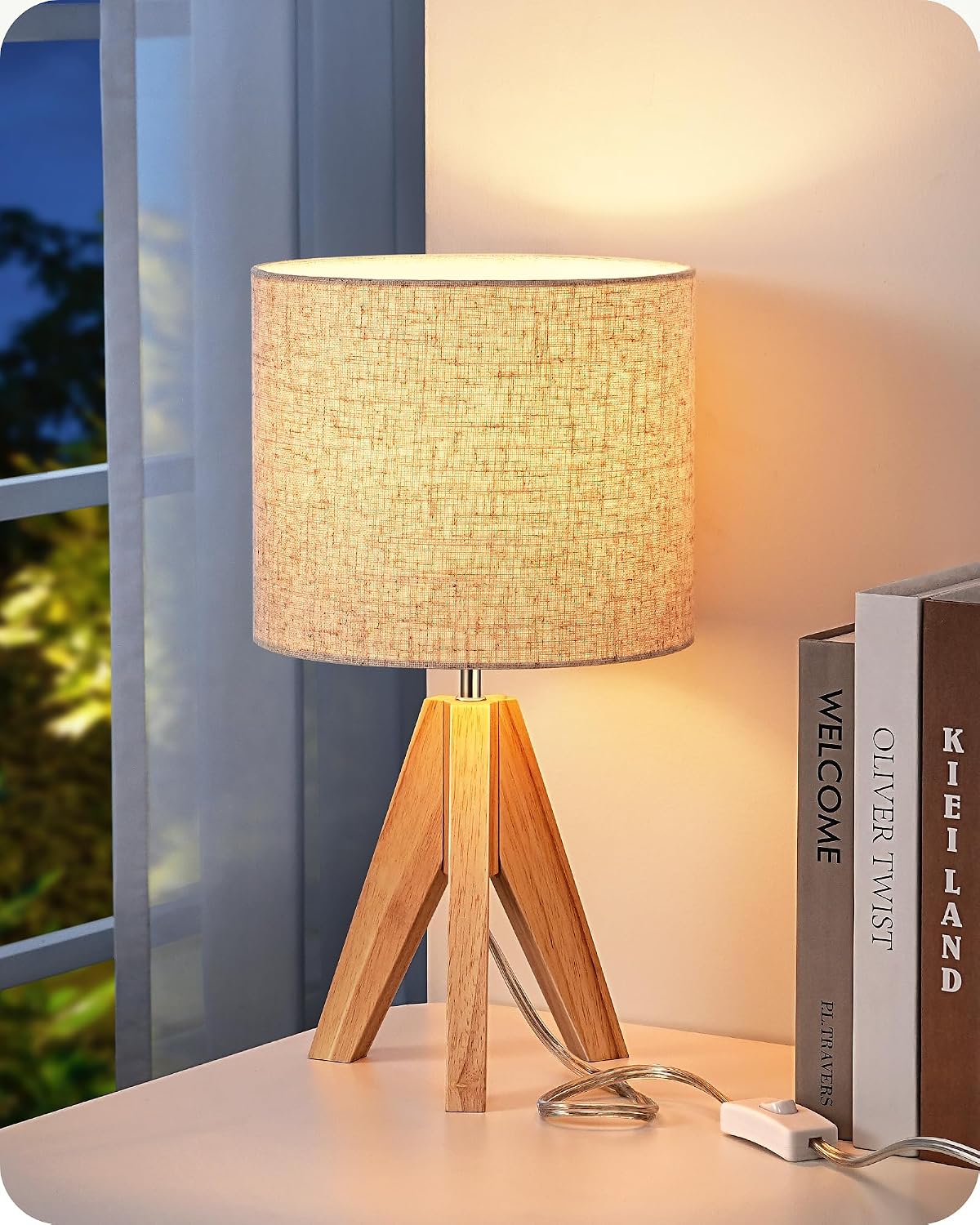 Tripod Table Lamp, Wood Base & Linen Shade, 14.2 Inch